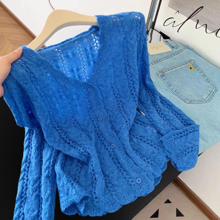 秋冬克莱因蓝高级感镂空V领针织开衫女简约气质显白宽松长袖上衣