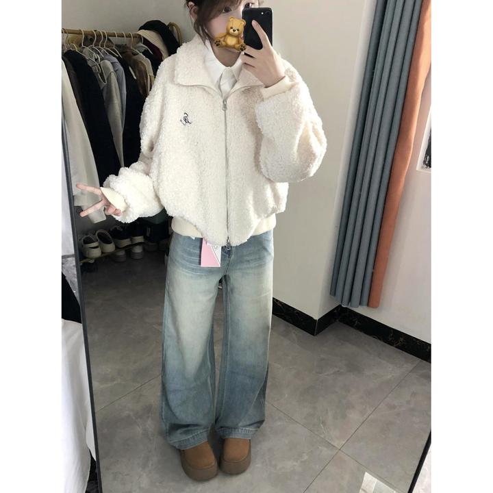 米白色绒外套女秋冬季2024新款韩系设计感小众百搭上衣外套