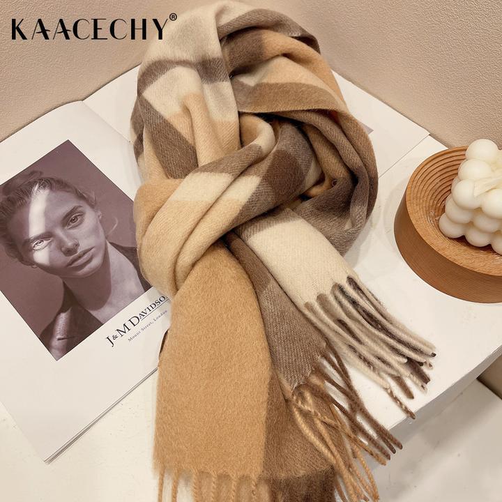 羊毛格子围巾女款爆款2025新款简约百搭窄版长款保暖护颈流苏披肩