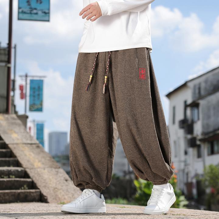 秋冬季新款中国风刺绣加厚毛呢裤子男大码肥佬宽松休闲束脚哈伦裤