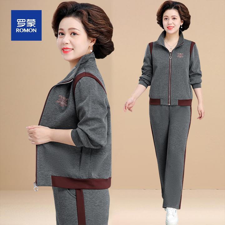 罗蒙中年妈妈秋装套装洋气休闲运动服新款中老年女装春秋外套上衣