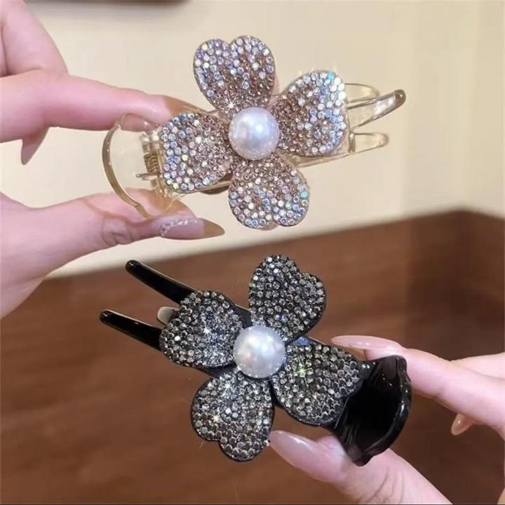 精致水钻花朵丸子头抓夹女后脑勺固定防塌发夹鲨鱼夹夏季发卡
