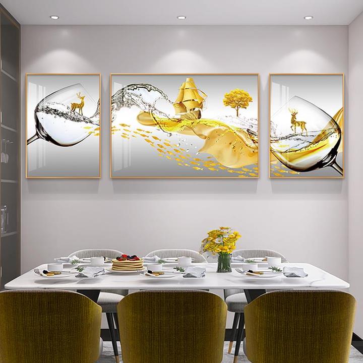 餐厅装饰画现代轻奢高档餐桌背景墙壁画时尚饭厅三联壁画红酒挂画