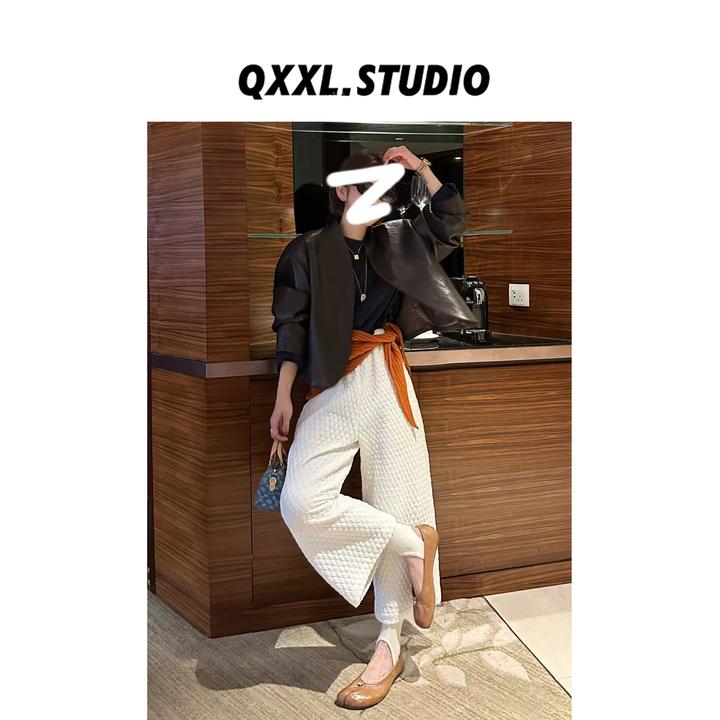 邱小小丽呀 冬季新款复古加厚菱形格九分裤女宽松休闲直筒阔腿裤