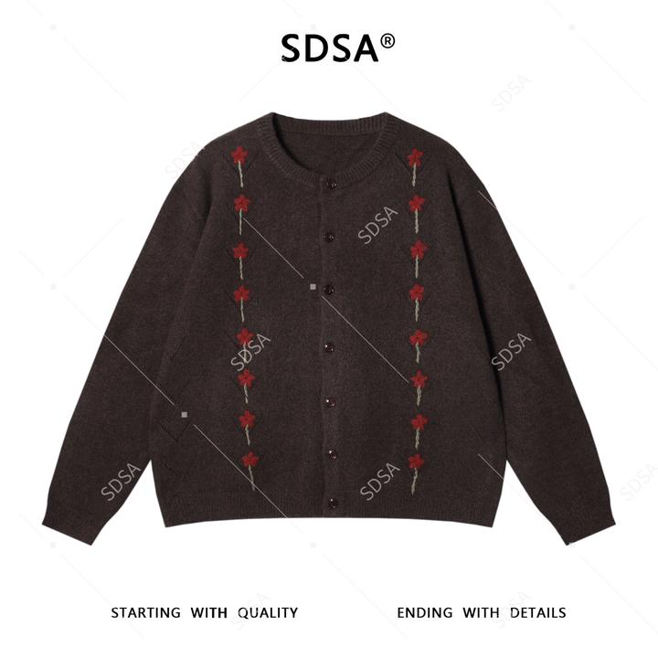 SDSA男士秋冬新款痞帅男装毛衣复古撞色花朵圆领针织衫纽扣开衫