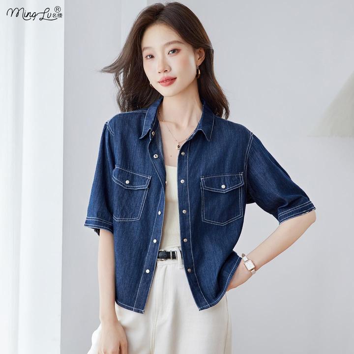 时尚百搭牛仔蓝衬衫女短袖2025夏季新款复古文艺上衣修身显瘦衬衫