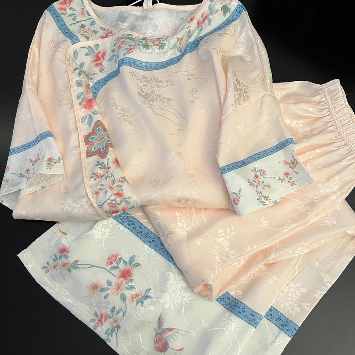 新中式古风提花设计感短袖睡衣女春夏季新款大码长裤家居服套装