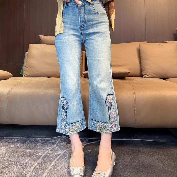 中国风刺绣牛仔裤秋季2025新款直筒气质喇叭裤小个子九分微喇裤