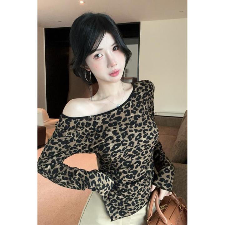设计感甜辣豹纹长袖T恤女不规则绑带露背上衣小众炸街高级感女装