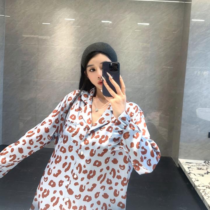 睡衣女春秋季长袖豹纹高级感韩式设计师款冰丝绸缎少女家居服套装