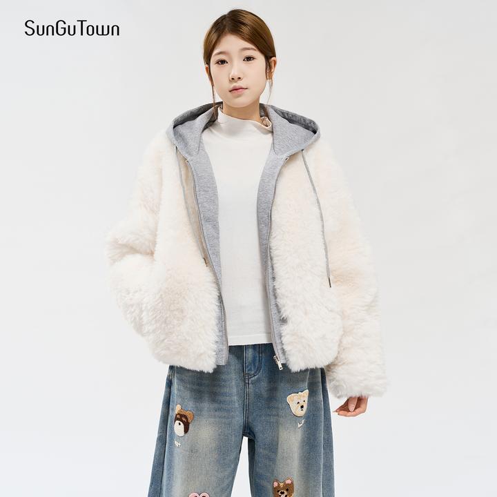 森谷小城休闲风时尚宽松连帽假两件羊羔毛外套冬季女冬季