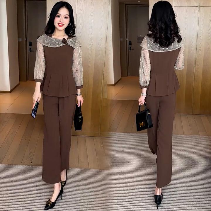 时尚套装女2025春季新款时髦洋气显瘦减龄拼接上衣阔腿裤两件套女