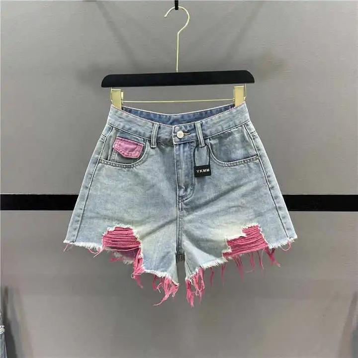 彩色破洞牛仔女2025夏季新款高腰显瘦辣妹A字毛边阔腿裤热裤