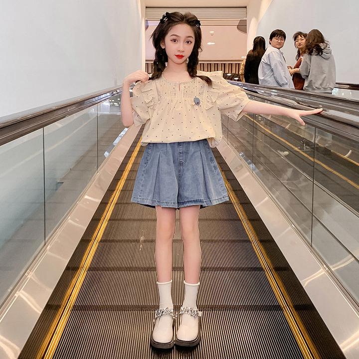 女童套装夏季2025新款儿童洋气圆点衬衫网红中大童牛仔短裤两件套