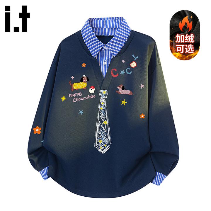 i.t:CHOCOOLATE加绒保暖卫衣男士2025秋冬季新款假两件高级感上衣