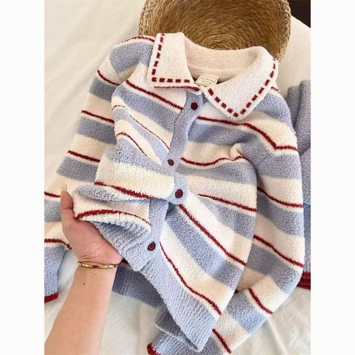 可爱简约撞色条纹针织半边绒睡衣女秋冬季新款宽松家居服套装外穿