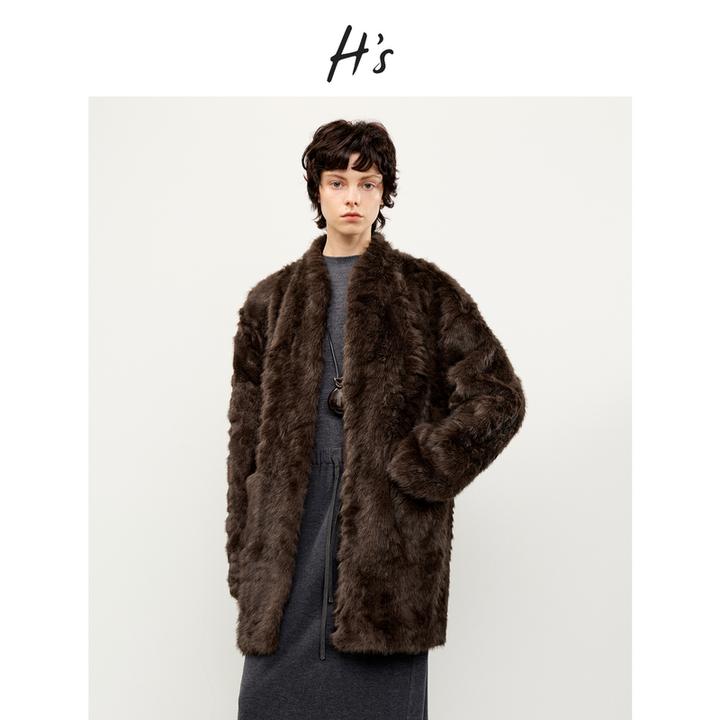 人造皮草 【小懿博主同款】H'S麂皮外套女25冬新款落肩廓形保暖上衣