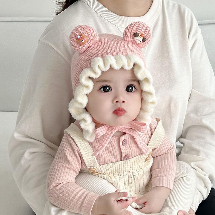 婴儿帽子秋冬季保暖加厚针织护耳帽女宝宝小月龄防风公主毛线帽萌