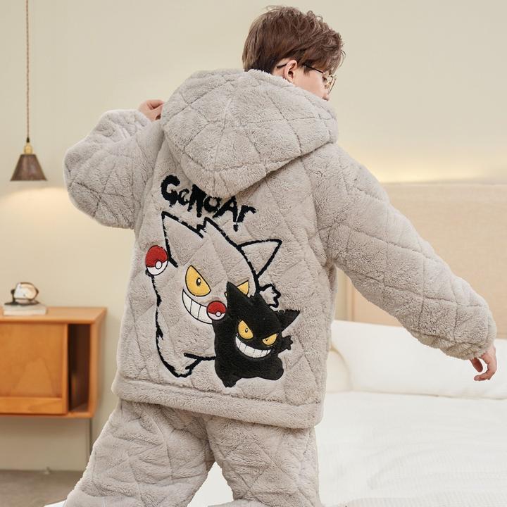 珊瑚绒睡衣男款秋冬季三层夹棉保暖初中生学生加厚加绒保暖家居服