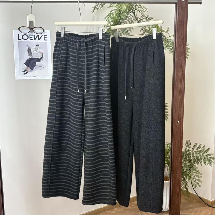 秋冬新款经典条纹磨毛松紧腰百搭抽绳直筒休闲裤女裤59502
