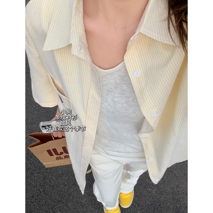黄色条纹小狗短袖衬衫男女夏季薄款少年感穿搭衬衣复古情侣装外套