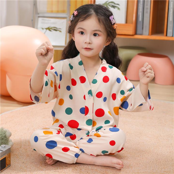 女孩睡衣夏季薄款七分袖长裤缩脚女宝宝夏装男童6-12岁家居服女童