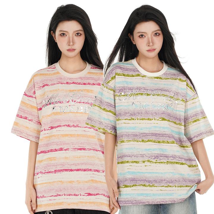 美式复古无性风彩色条纹烫钻设计感休闲宽松圆领短袖T恤上衣男女