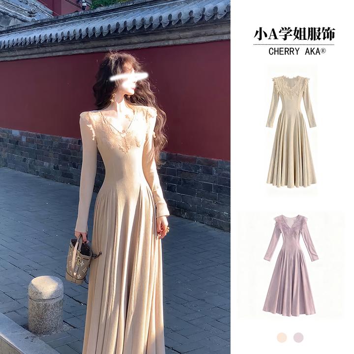 【生花叙】温柔氛围感蕾丝花边大裙摆连衣裙法式气质优雅收腰