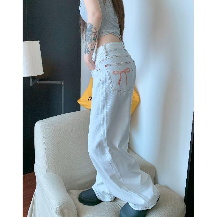 蝴蝶结刺绣牛仔裤女春季休闲裤宽松高腰阔腿长裤白色显瘦拖地裤子