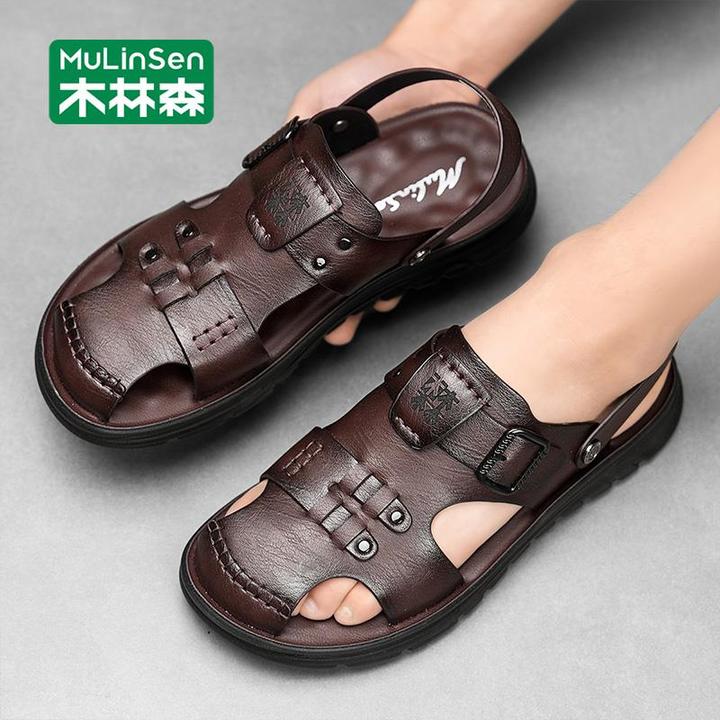 木林森洞洞鞋男士镂空皮凉鞋秋季外穿开车防滑爸爸包头拖鞋涉水鞋