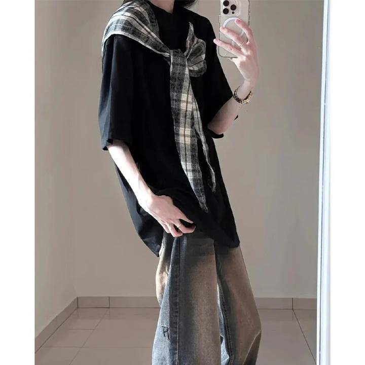 320g重磅格子披肩t恤男生夏季穿搭ootd短袖设计感高级情侣七分袖