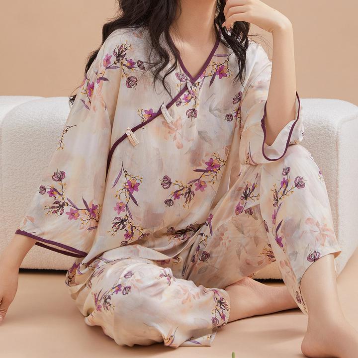 新中式睡衣女夏季新款棉绸盘扣七分袖长裤甜美国风家居服套装外穿