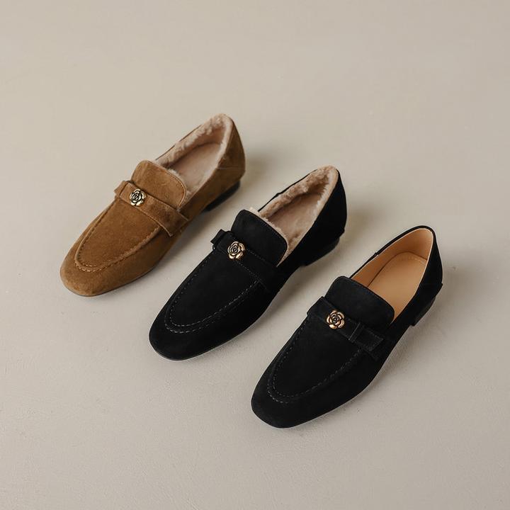 羊翻皮~2cm平底女鞋新款秋冬百搭高级复古风乐福鞋加绒保暖软底鞋