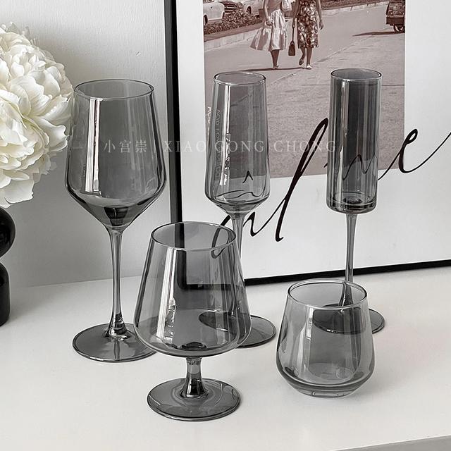 法式复古烟灰高脚玻璃杯高颜值红酒杯宴会西餐香槟杯创意果汁杯子