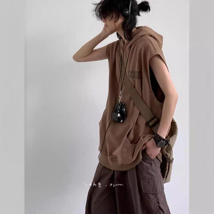 夏季美式复古休闲连帽无袖宽松潮流百搭印花ins简约做旧工装时尚