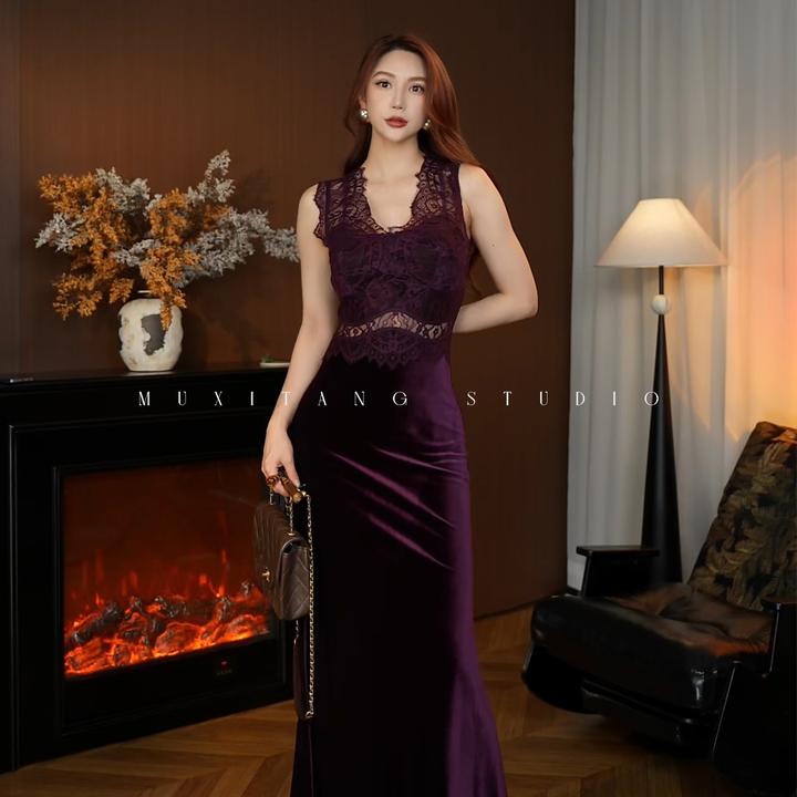 「葡萄可可」万人迷蕾丝镂空纯色紫色修身长款连衣裙时尚百搭打底