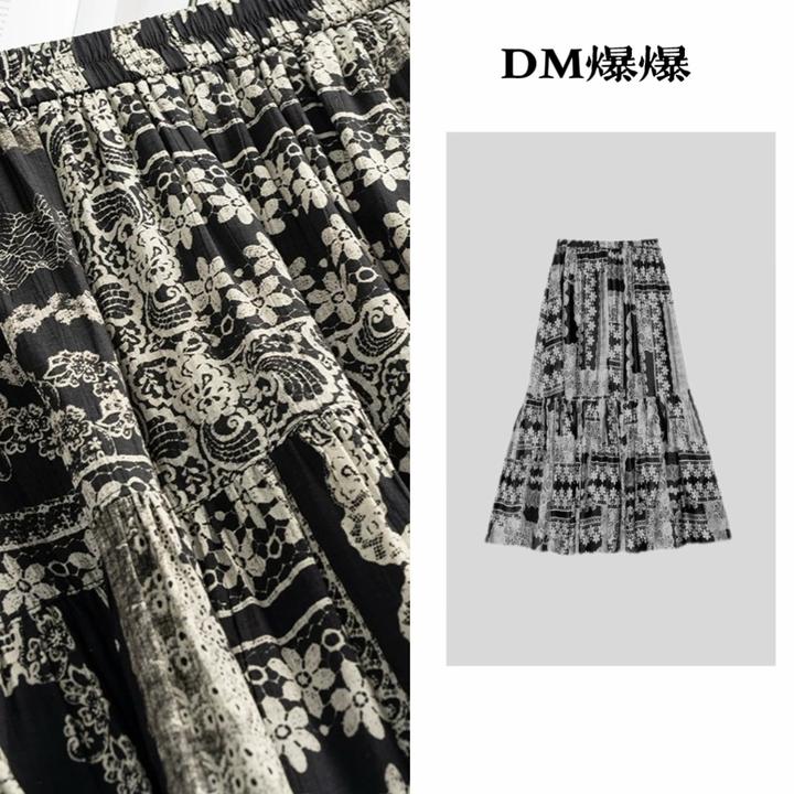 2025高端夏季雪纺新款设计感高腰弹力碎花半身裙慵懒风大摆裙9981