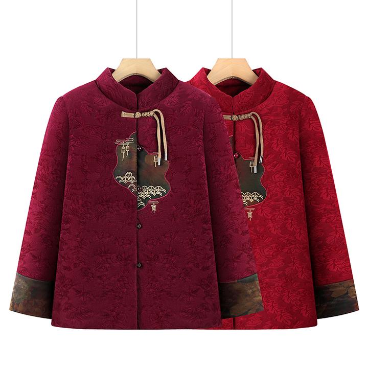 中老年女装加绒保暖棉衣外套国风刺绣妈妈冬装棉服加厚奶奶装棉袄