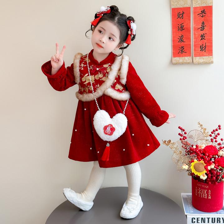 女童冬款连衣裙2025年新款中式国风加绒旗袍裙女宝宝红色年服裙子