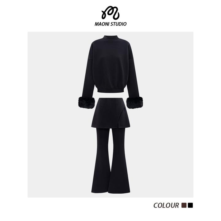 毛妮LADIESFIRST时尚大气加绒卫衣+休闲裤套装配可拆卸毛袖L2521