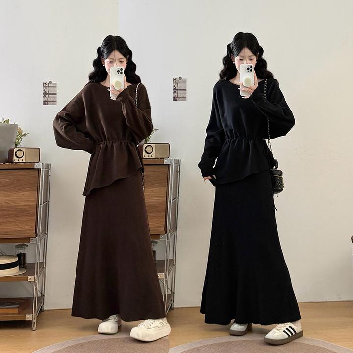 胖mm大码秋冬立体裁剪宽松圆领长袖蝙蝠袖针织咖色黑色不规则中长