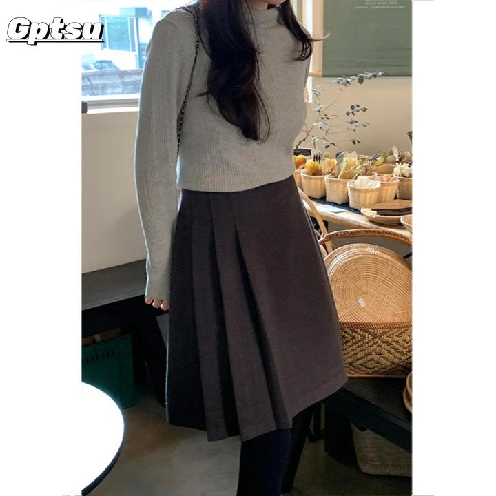 GPTSu毛呢百褶半身裙女秋冬新款高腰遮跨A字裙小个子显瘦呢子短裙