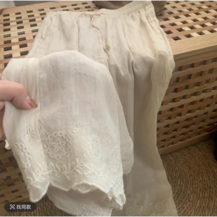 夏季双层文艺阔腿裤  遮跨显瘦松紧腰休闲苎麻九分裤女