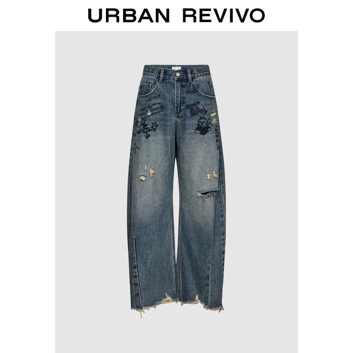 UR2025秋季新款女装潮流涂鸦破洞磨破弯刀牛仔长裤UYV850150