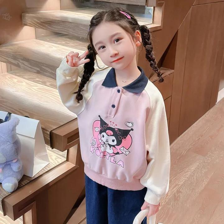 女童中大童长袖薄款polo领卫衣时髦洋气春秋新款拼接撞色卡通上衣