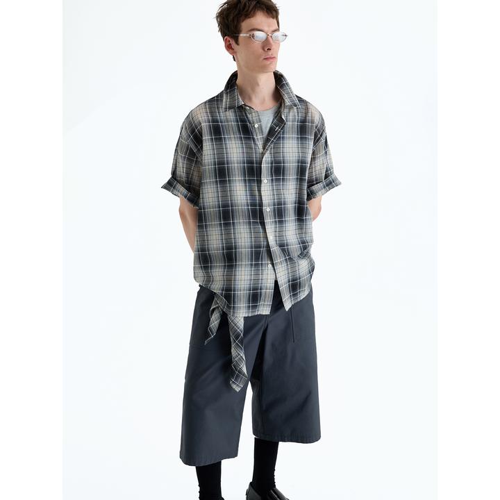 NANS STUDIO色织格纹高支全棉素材轻盈微透空气感廓形短袖衬衫