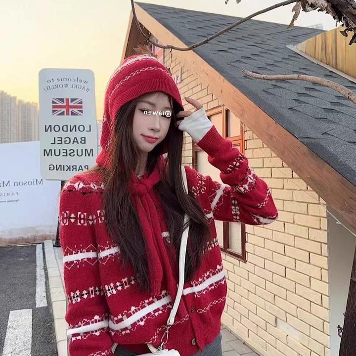 圣诞红色费尔岛可拆卸连帽毛衣针织开衫女秋冬显瘦修身小个子上衣