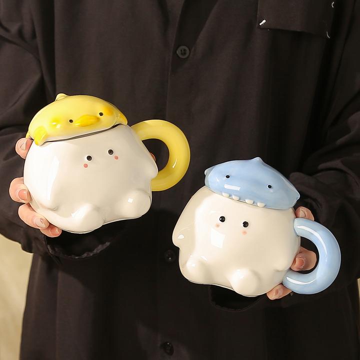 团子手绘陶瓷杯带盖马克杯少女心可爱学生杯子家用情侣咖啡喝水杯