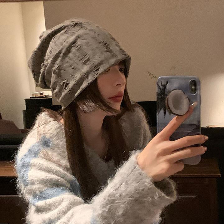 ins破洞堆堆帽女秋冬百搭保暖护耳月子帽韩版潮大围包帽冷帽