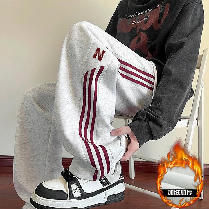 休闲加厚卫裤男秋冬季新款条纹运动裤青少年阔腿宽松拖地直筒长裤